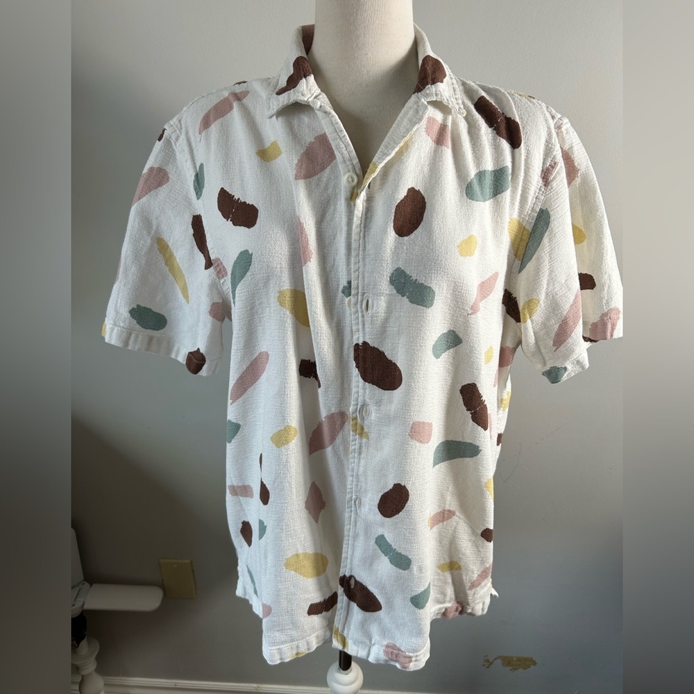 Common People Abstract Brushstroke Short Sleeve Cotton Shirt - Ecru / Multicolor